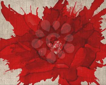 Red flower center.Bright background hand drawn with red inks and watercolor paints. Color splashes and splatters create abstract floweron canvas texture.