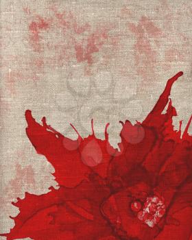 Red flower crop with stains.Bright background hand drawn with red inks and watercolor paints. Color splashes and splatters create abstract floweron canvas texture.