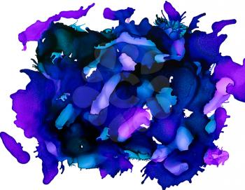 Royal blue with purple big splash on white.Colorful background hand drawn with bright inks and watercolor paints. Color splashes and splatters create uneven artistic modern design.