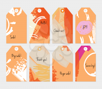 Abstract rough grunge strokes orange white tag set.Creative universal gift tags.Hand drawn textures.Ethic tribal design.Ready to print sale labels Isolated on layer.