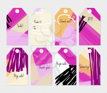 Abstract rough grunge strokes purple yellow black tag set.Creative universal gift tags.Hand drawn textures.Ethic tribal design.Ready to print sale labels Isolated on layer.