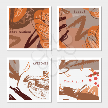 Brown scribbles and sketched trees.Hand drawn creative invitation greeting cards. Poster, placard, flayer, design templates. Anniversary, Birthday, wedding, party cards set of 4. Isolated on layer.