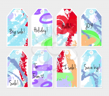 Crayon textured strokes and marker blue purple red tag set.Creative universal gift tags.Hand drawn textures.Ethic tribal design.Ready to print sale labels Isolated on layer.
