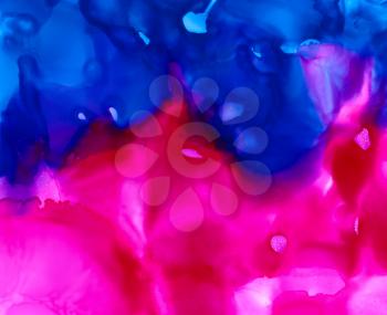 Bright pink blue cloudy texture.Colorful background hand drawn with bright inks and watercolor paints. Color splashes and splatters create uneven artistic modern design.