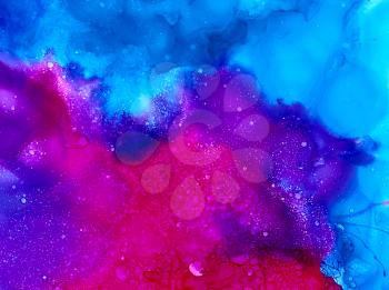 Bright pink blue color texture.Colorful background hand drawn with bright inks and watercolor paints. Color splashes and splatters create uneven artistic modern design.