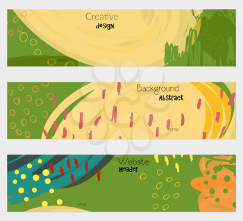 Doodled circles scribbles strokes yellow on green banner set.Hand drawn textures creative abstract design. Website header social media advertisement sale brochure templates. Isolated on layer