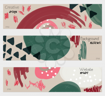 Doodled triangles scribbles gray green banner set.Hand drawn textures creative abstract design. Website header social media advertisement sale brochure templates. Isolated on layer