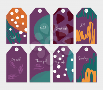 Doodles triangle dots marks purple orange tag set.Creative universal gift tags.Hand drawn textures.Ethic tribal design.Ready to print sale labels Isolated on layer.