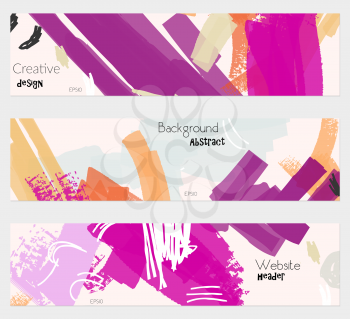 Grudge textured strokes cream purple banner set.Hand drawn textures creative abstract design. Website header social media advertisement sale brochure templates. Isolated on layer