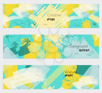 Grudge textured strokes yellow green banner set.Hand drawn textures creative abstract design. Website header social media advertisement sale brochure templates. Isolated on layer
