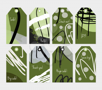 Grunge texture rough strokes floral sketch green dots tag set.Creative universal gift tags.Hand drawn textures.Ethic tribal design.Ready to print sale labels Isolated on layer.