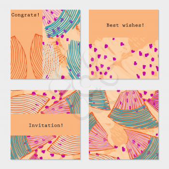 Orange cards with purple dotted shapes.Hand drawn creative invitation greeting cards. Poster, placard, flayer, design templates. Anniversary, Birthday, wedding, party cards set of 4. Isolated on layer.
