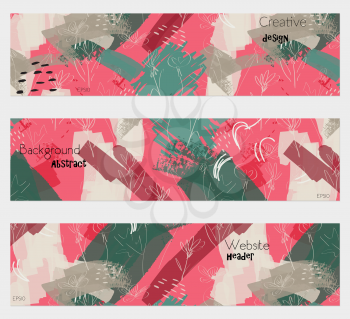 Roughly drawn dandelion flower pink green banner set.Hand drawn textures creative abstract design. Website header social media advertisement sale brochure templates. Isolated on layer
