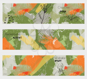 Roughly drawn dandelion orange green banner set.Hand drawn textures creative abstract design. Website header social media advertisement sale brochure templates. Isolated on layer