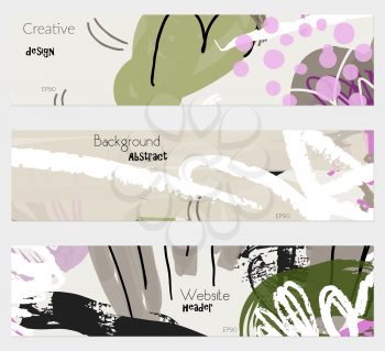 Roughly drawn floral elements cream gray banner set.Hand drawn textures creative abstract design. Website header social media advertisement sale brochure templates. Isolated on layer