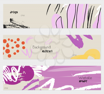 Roughly drawn floral elements cream purple banner set.Hand drawn textures creative abstract design. Website header social media advertisement sale brochure templates. Isolated on layer