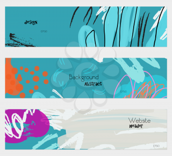 Roughly drawn floral elements cyan blue banner set.Hand drawn textures creative abstract design. Website header social media advertisement sale brochure templates. Isolated on layer