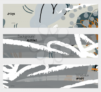 Roughly drawn floral elements gray banner set.Hand drawn textures creative abstract design. Website header social media advertisement sale brochure templates. Isolated on layer