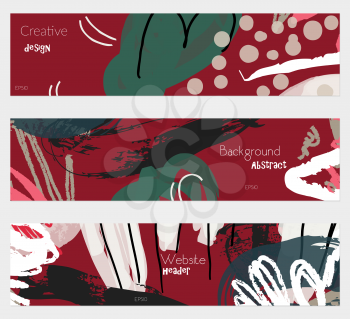 Roughly drawn floral elements white deep red banner set.Hand drawn textures creative abstract design. Website header social media advertisement sale brochure templates. Isolated on layer