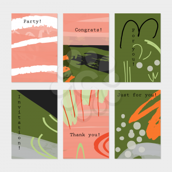 Rough textured strokes floral sketch green pink orange.Hand drawn creative invitation greeting cards. Poster, placard, flayer, design templates. Anniversary, Birthday, wedding, party cards set of 6. Isolated on layer.