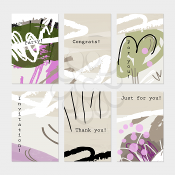 Rough textured strokes floral sketch light cream and purple.Hand drawn creative invitation greeting cards. Poster, placard, flayer, design templates. Anniversary, Birthday, wedding, party cards set of 6. Isolated on layer.