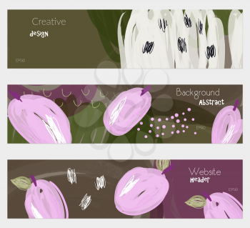 Roughly drawn plums light purple banner set.Hand drawn textures creative abstract design. Website header social media advertisement sale brochure templates. Isolated on layer