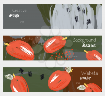 Roughly drawn plums orange green banner set.Hand drawn textures creative abstract design. Website header social media advertisement sale brochure templates. Isolated on layer