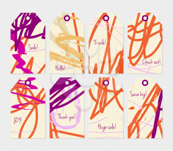Roughly scribbled orange cream orange purple tag set.Creative universal gift tags.Hand drawn textures.Ethic tribal design.Ready to print sale labels Isolated on layer.
