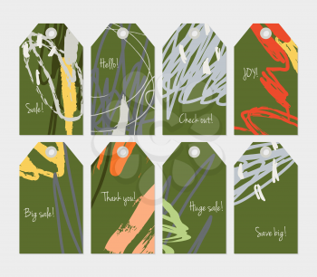 Roughly scribbled orange green gray orange tag set.Creative universal gift tags.Hand drawn textures.Ethic tribal design.Ready to print sale labels Isolated on layer.