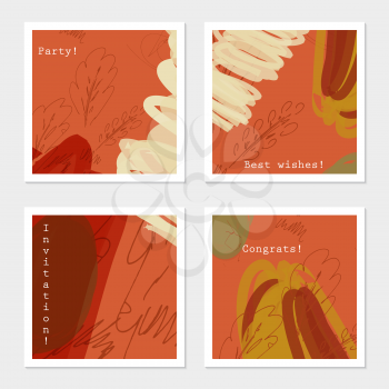 Roughly sketched trees on brown.Hand drawn creative invitation greeting cards. Poster, placard, flayer, design templates. Anniversary, Birthday, wedding, party cards set of 4. Isolated on layer.