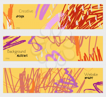 Scribbles marks doodles yellow banner set.Hand drawn textures creative abstract design. Website header social media advertisement sale brochure templates. Isolated on layer