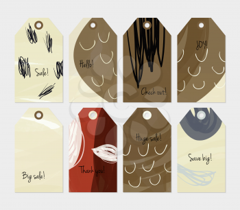 Seasonal with sketched leaf brown yellow tag set.Creative universal gift tags.Hand drawn textures.Ethic tribal design.Ready to print sale labels Isolated on layer.