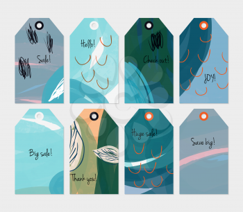 Seasonal with sketched leaf cyan tag set.Creative universal gift tags.Hand drawn textures.Ethic tribal design.Ready to print sale labels Isolated on layer.