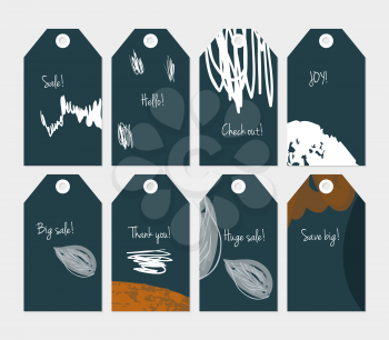 Seasonal with sketched leaf dark gray tag set.Creative universal gift tags.Hand drawn textures.Ethic tribal design.Ready to print sale labels Isolated on layer.