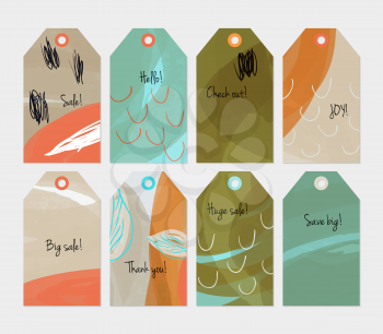 Seasonal with sketched leaf green orange tag set.Creative universal gift tags.Hand drawn textures.Ethic tribal design.Ready to print sale labels Isolated on layer.