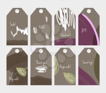 Seasonal with sketched leaf heather tag set.Creative universal gift tags.Hand drawn textures.Ethic tribal design.Ready to print sale labels Isolated on layer.