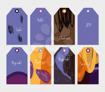 Seasonal with sketched leaf purple tag set.Creative universal gift tags.Hand drawn textures.Ethic tribal design.Ready to print sale labels Isolated on layer.