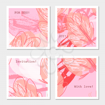 Sketched trees on pink.Hand drawn creative invitation greeting cards. Poster, placard, flayer, design templates. Anniversary, Birthday, wedding, party cards set of 4. Isolated on layer.