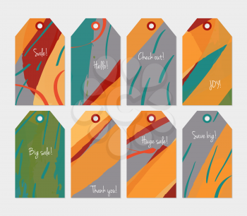 Striped strokes with grunge orange gray tag set.Creative universal gift tags.Hand drawn textures.Ethic tribal design.Ready to print sale labels Isolated on layer.