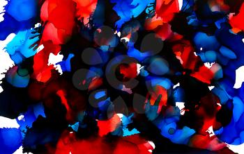 Red blue paint splashes.Colorful background hand drawn with bright inks and watercolor paints. Color splashes and splatters create uneven artistic modern design.