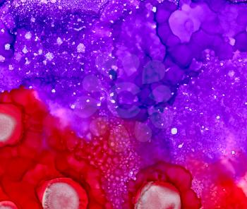 Silver spots on scarlet red and textured purple.Colorful background hand drawn with bright inks and watercolor paints. Color splashes and splatters create uneven artistic modern design.