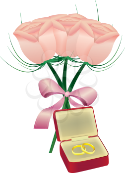 Royalty Free Clipart Image of a Bouquet of Roses and a Jewellery Box With Rings