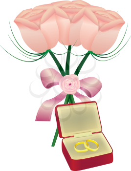 Royalty Free Clipart Image of a Bouquet of Roses and a Jewellery Case With Rings