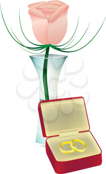 Royalty Free Clipart Image of a Rosebud in a Vase and a Jewellery Case With Wedding Bands