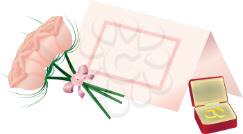 Royalty Free Clipart Image of a Bouquet of Roses, a Place Card and the Wedding Rings in a Box