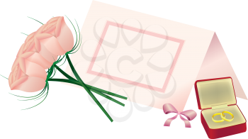 Royalty Free Clipart Image of Roses, a Place Card and Wedding Rings
