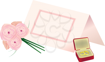 Royalty Free Clipart Image of Roses, Place Cards and Wedding Bands