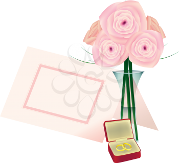 Royalty Free Clipart Image of Roses, a Place Card and Rings in a Jewellery Case