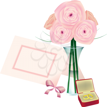 Royalty Free Clipart Image of Flowers in a Vase, a Place Card and Rings