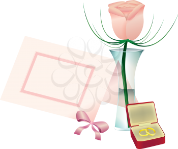 Royalty Free Clipart Image of a Rose in a Vase With a Place Card and Rings in a Box